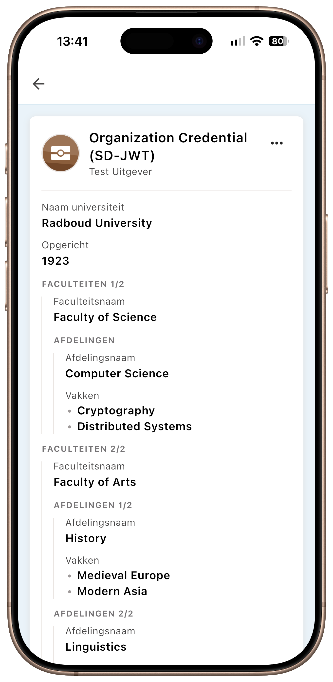 Yivi app - Credential with nested arrays of faculties, departments and courses