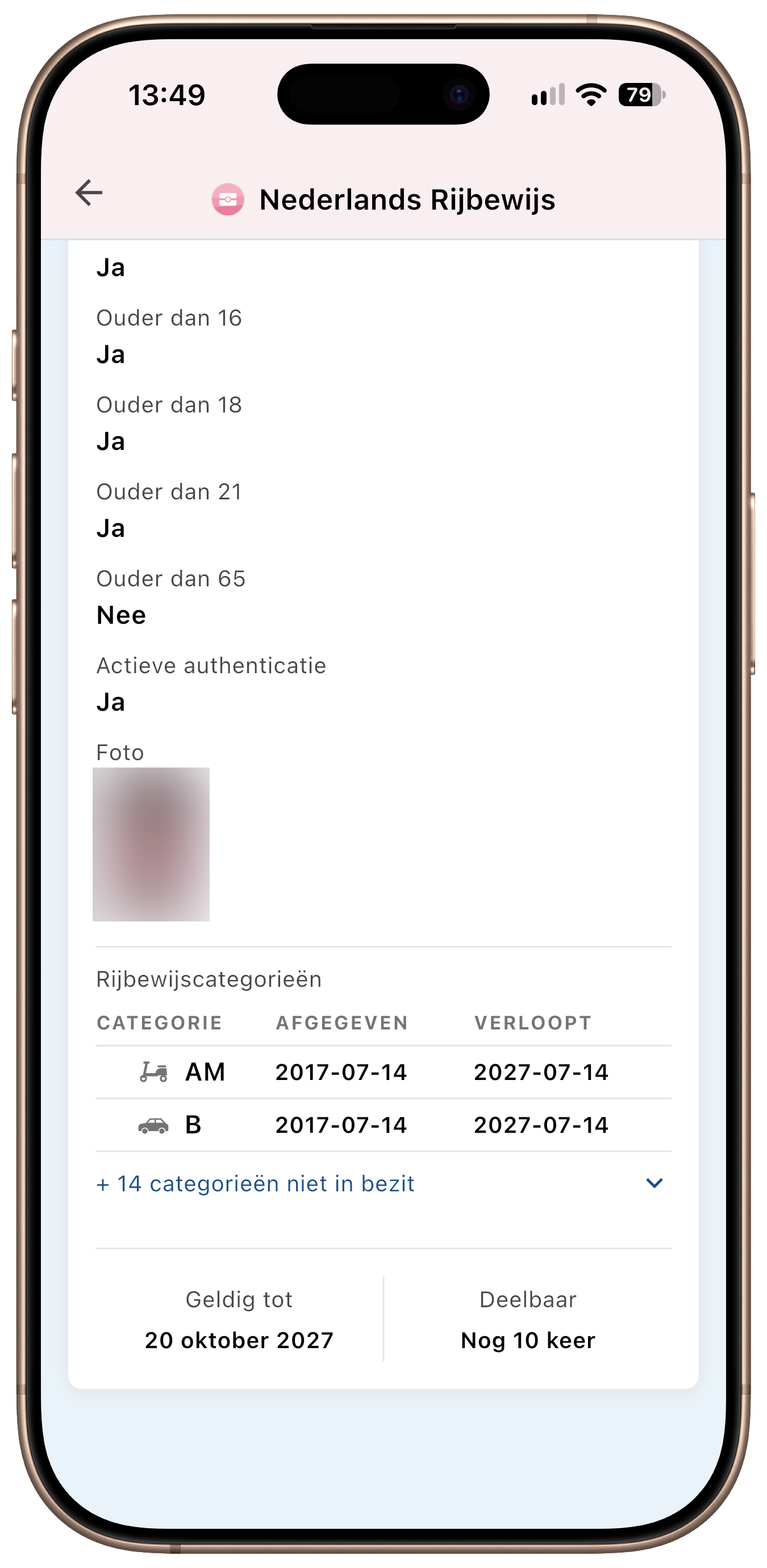Yivi app - Driving licence categories, collapsed to the categories held