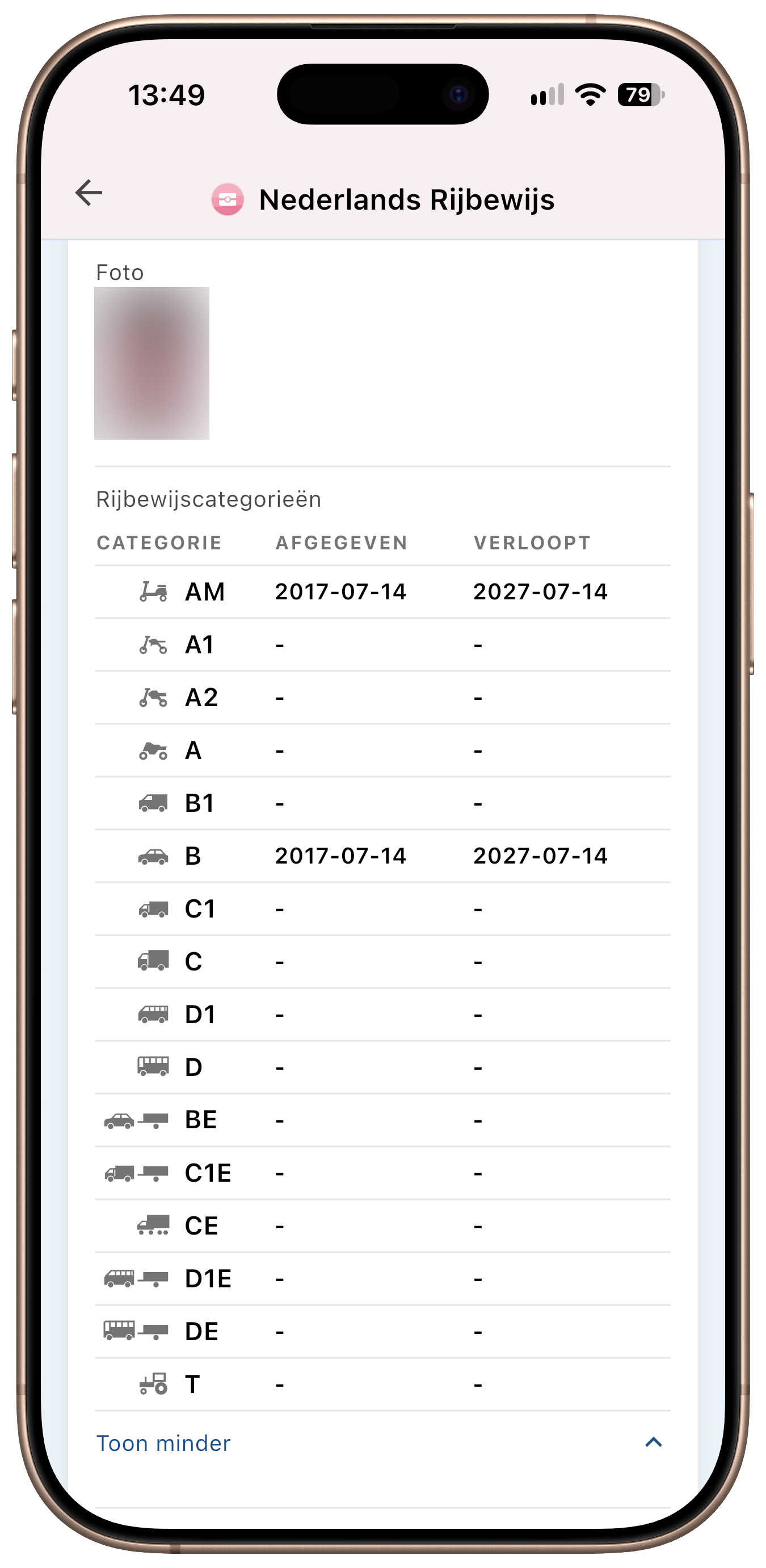 Yivi app - Driving licence categories, all categories expanded
