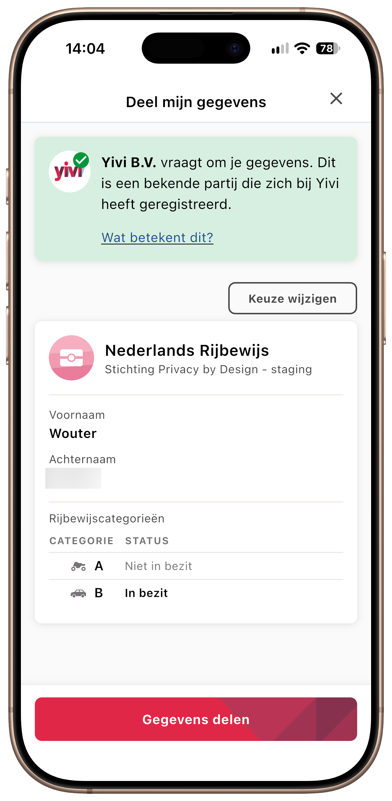 Yivi app - Disclosing driving licence categories A and B with a Status column